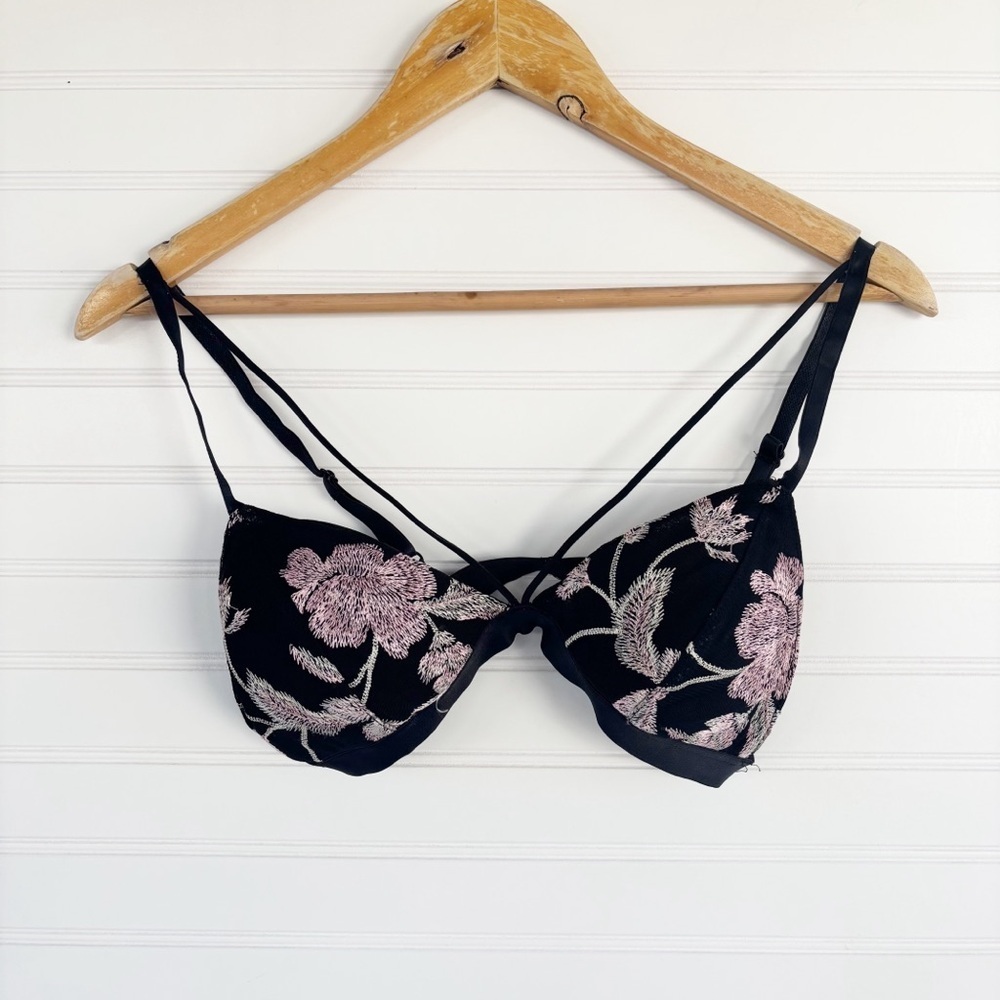 Express One Eleven Bralette Size S Black Pink Floral Embroidered Strappy Mesh